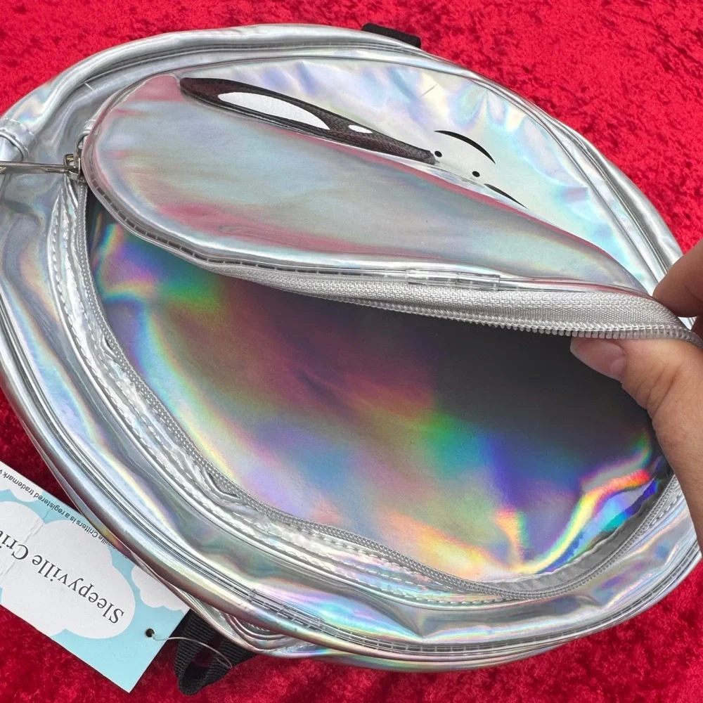 Big Alien Head Backpack - Novelty Purse - Silver Holographic - Halloween